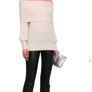 MICHELLE MASON Off-the-shoulder faux pearl-embellished stretch-knit sweater